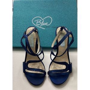Betsey Johnston SB Gift Navy Blue Satin Rhinestone Strappy Heels Sandals sz 6